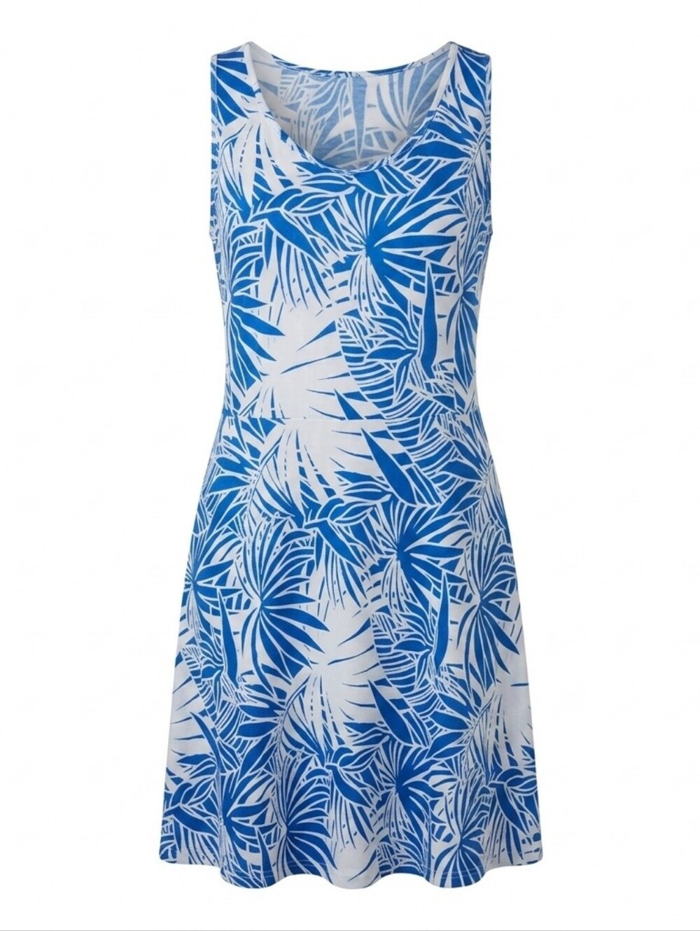 West Loop Royal Blue White Tropical Palm Print High Neck Halter Dress